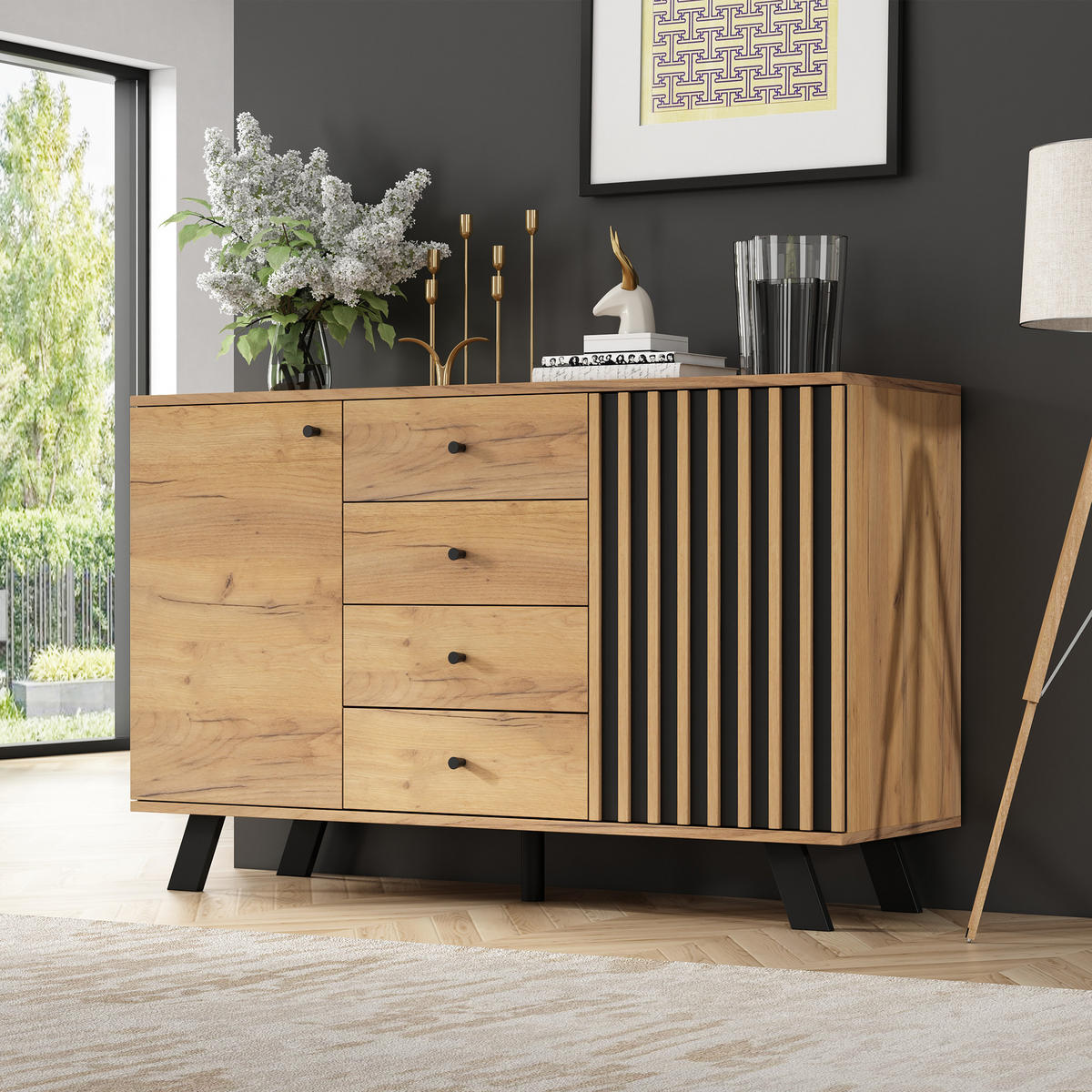 TV KOMODA I SIDEBOARD Set Crno Masivno Drvo 120+150 cm - prirodne boje, drvni materijal (150/44/38cm) - FLIEKS