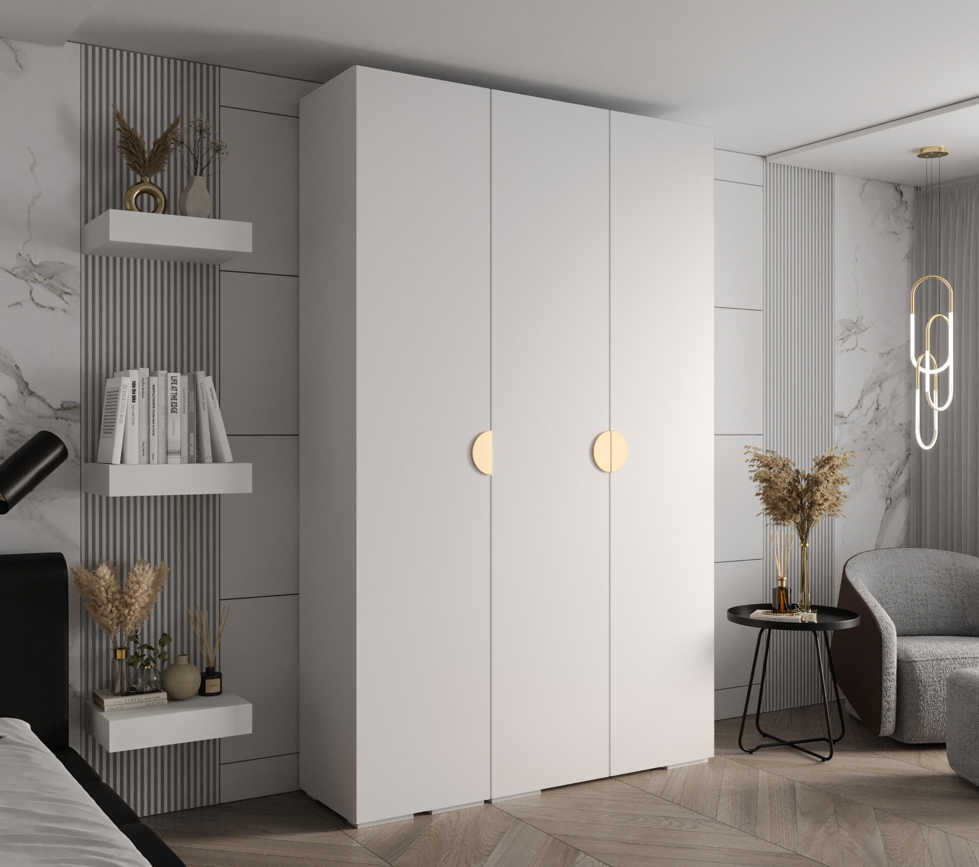 DREHTÜRENSCHRANK 236.7/150/47 3-türig - Goldfarben/Weiß, Holz/Metall (150/236.7/47cm) - Abiks Möbel