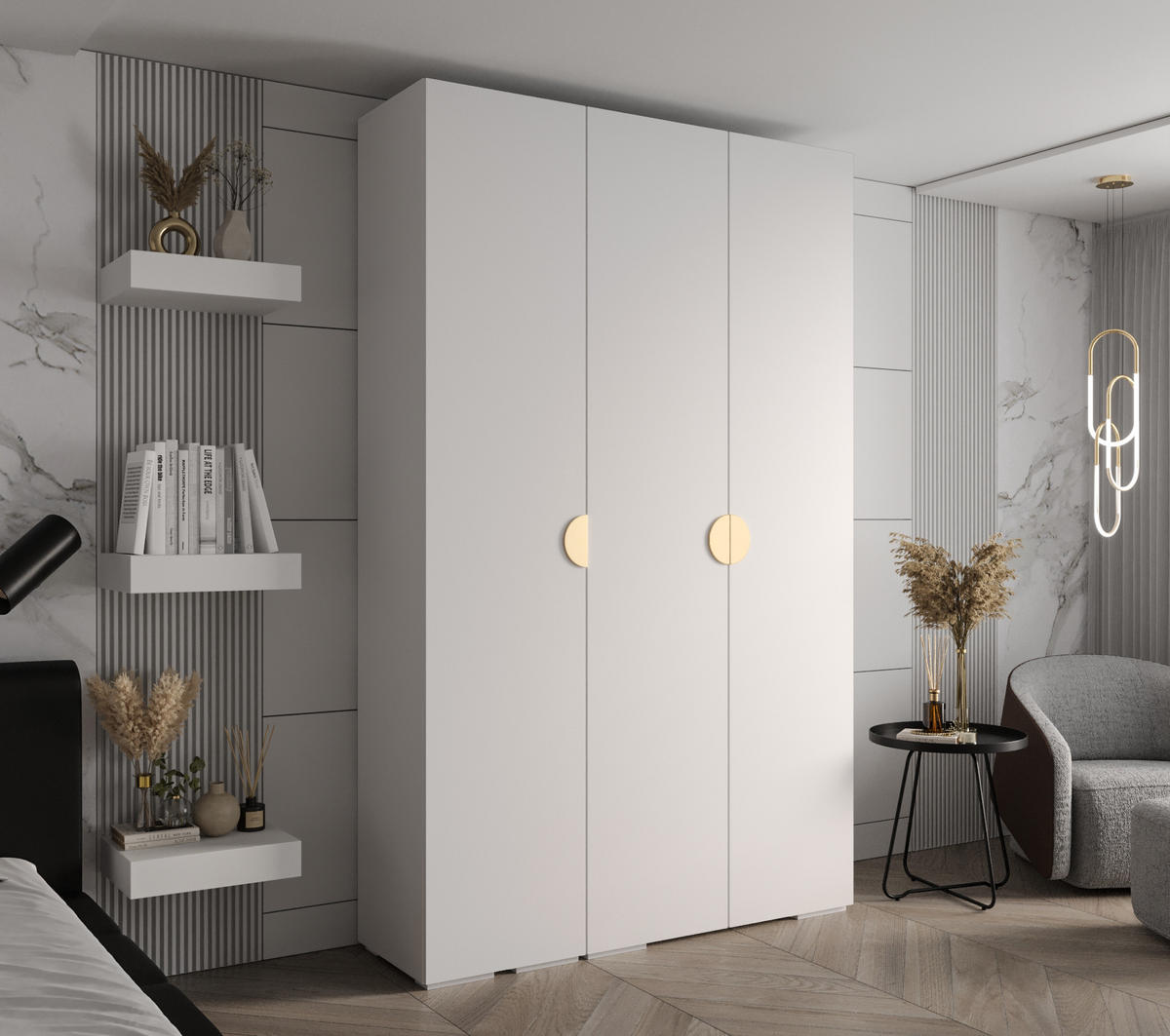DREHTÜRENSCHRANK 236.7/150/47 3-türig - Goldfarben/Weiß, Holz/Metall (150/236.7/47cm) - Abiks Möbel