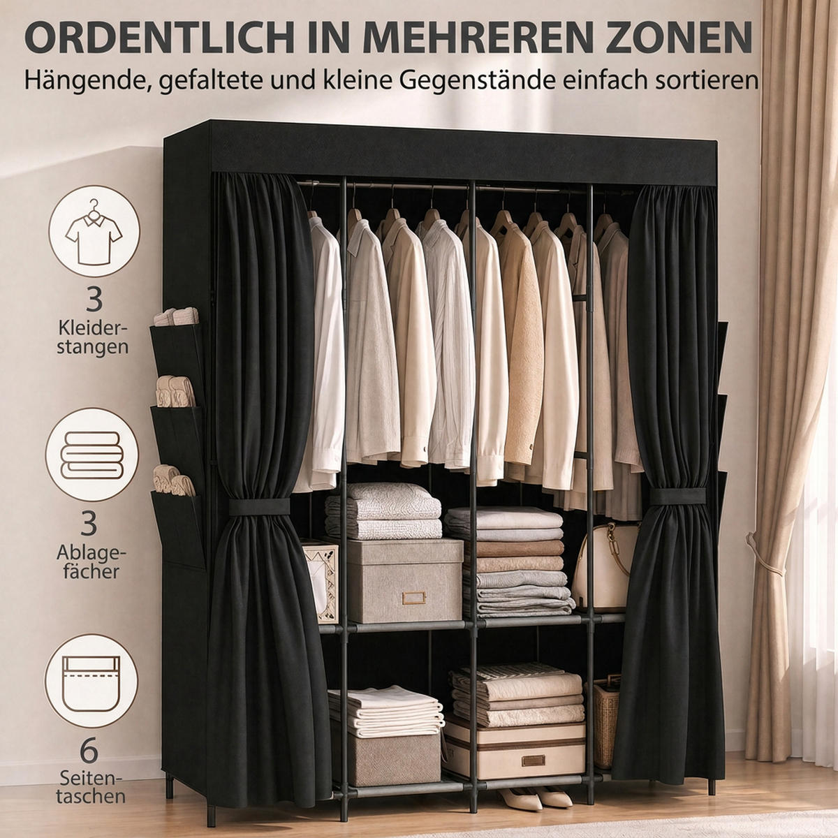 STOFF-KLEIDERSCHRANK Vliesstoff Stahl Schwarz - Schwarz, Textil (45/167/170cm) - HOMCOM
