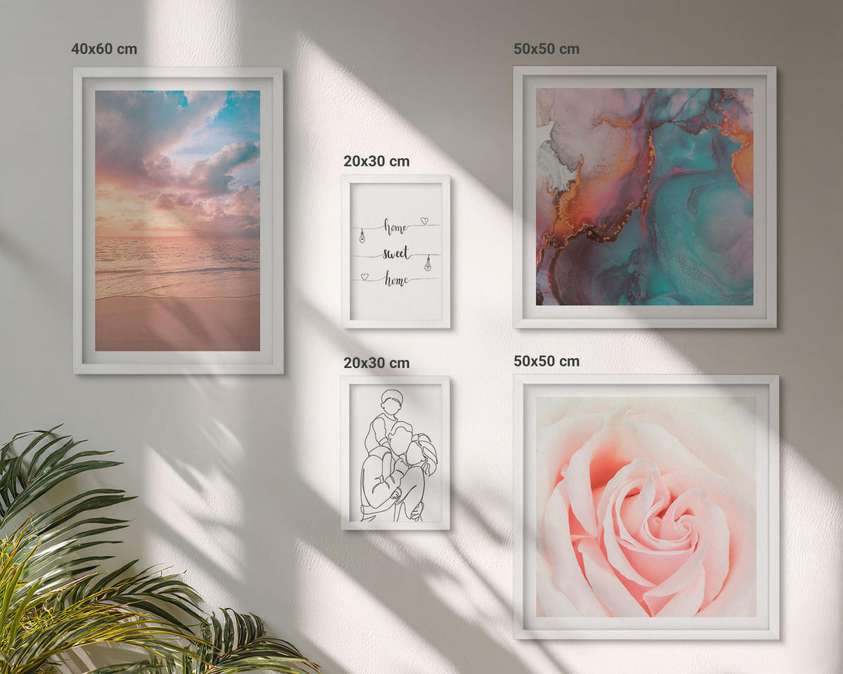 WANDBILDER 5er-Set - 50x50 cm & 20x30 cm & 40x60 cm Weißer Rahmen - Blumenfamilie minimalistisch - Weiß, Kunststoff (40/60cm) - ArtPrintCave