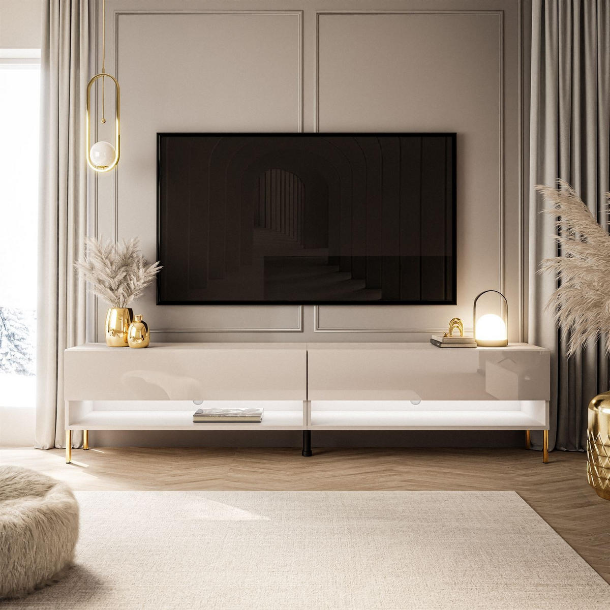 LOWBOARD TV-Schrank CALANTE 180 cm auf geraden goldenen Chrom-Beinen - Beige/Goldfarben, Holzwerkstoff/Metall (180/44/35cm) - Lookway