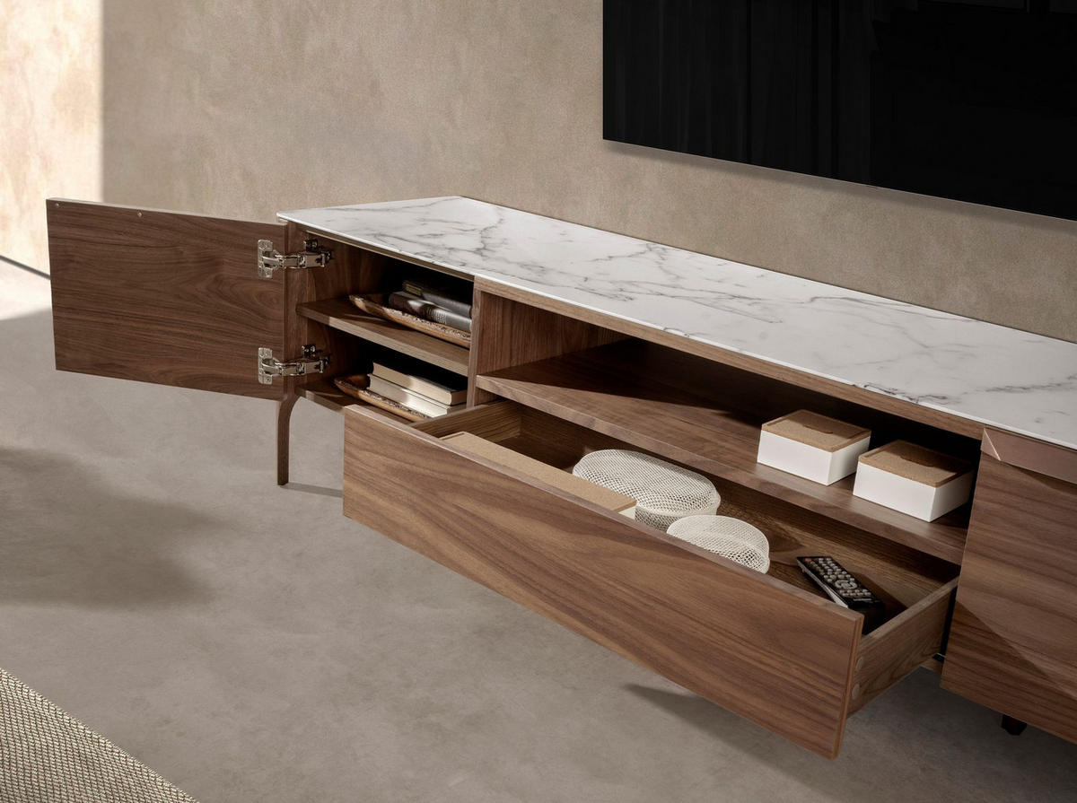 TV-ELEMENT TV-Ständer aus Nussbaumholz mit Glasplatte aus Marmorimitation 180/45/50 cm - Edelstahlfarben/Walnussfarben, Glas/Holz (180/50/45cm) - ANGEL CERDA