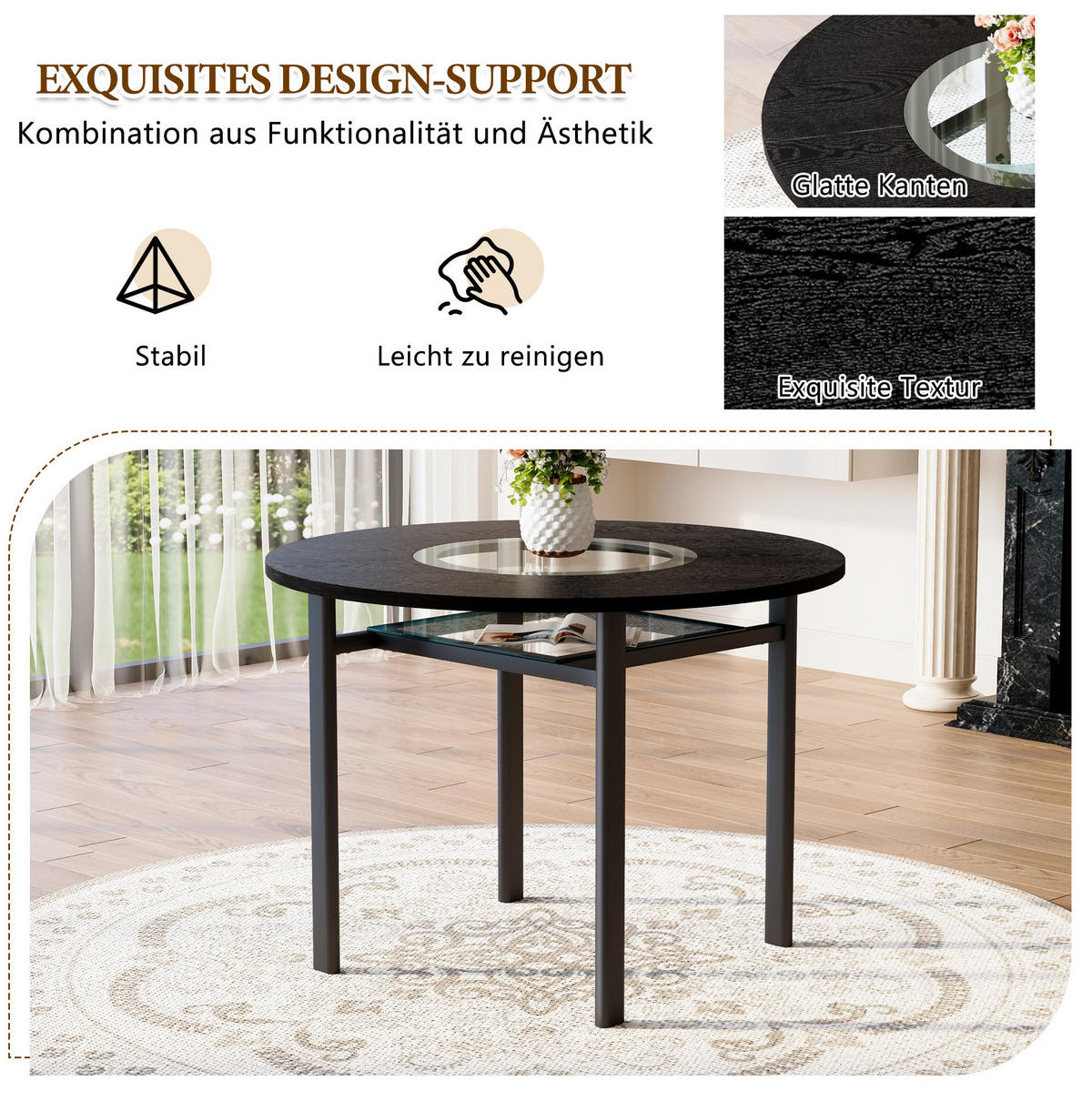 JÍDELNÍ stůl 100 cm s deskou z MDF a tvrzeným sklem, kovová stabilní konstrukce, Černá - černá, kompozitní dřevo (100/100/76cm) - Redom