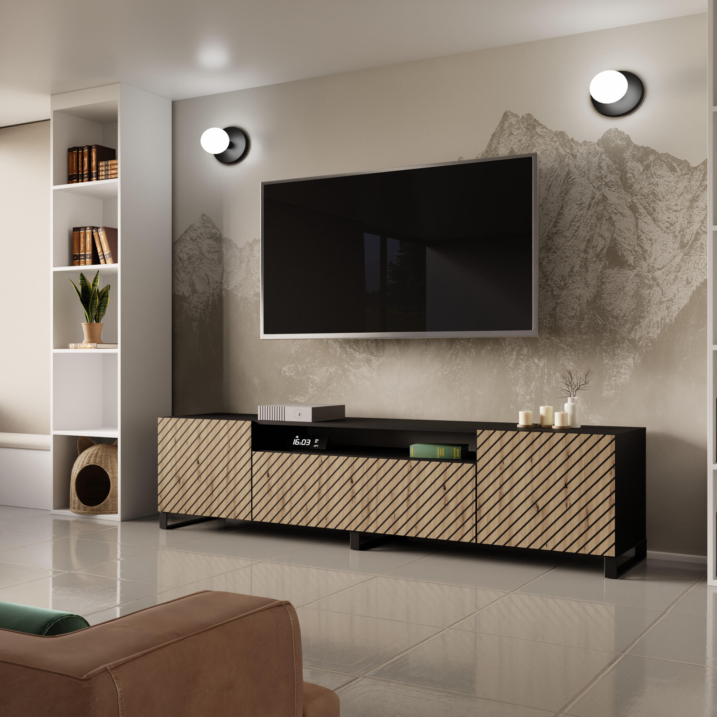 TV-SCHRANK SENTO - Schwarz/Eiche Artisan, Holzwerkstoff (200/53/41cm) - Meblini