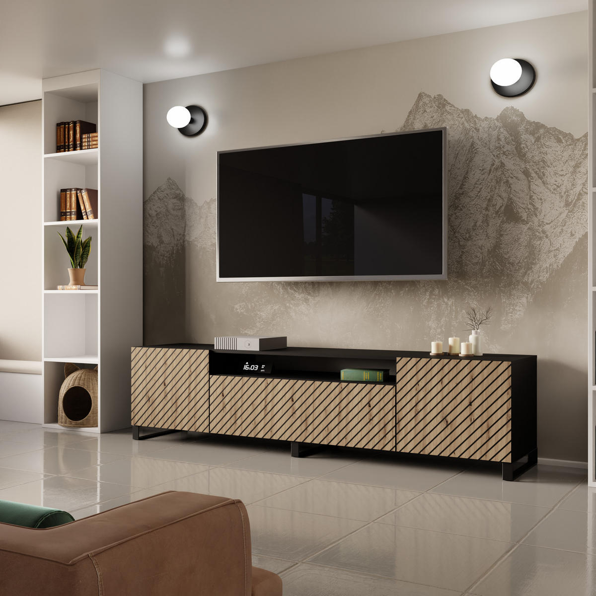 TV-SCHRANK SENTO - Schwarz/Eiche Artisan, Holzwerkstoff (200/53/41cm) - Meblini