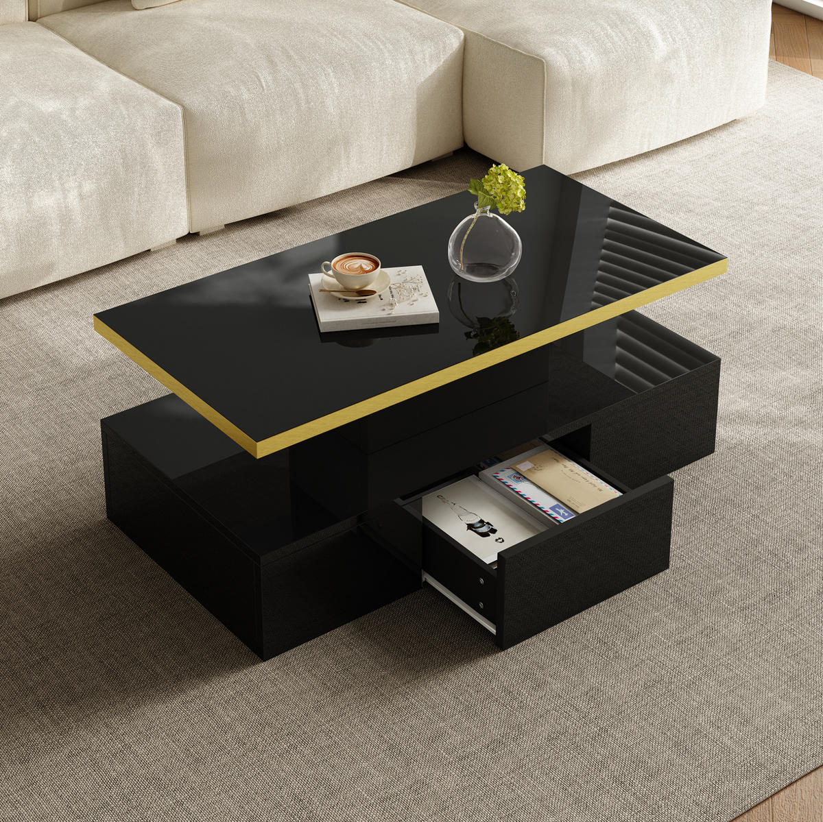 COUCHTISCH 100/50 cm mit Schublade und Ablageboden in Hochglanz-Schwarz - Schwarz, Holzwerkstoff (100/50/39cm) - BEAOK