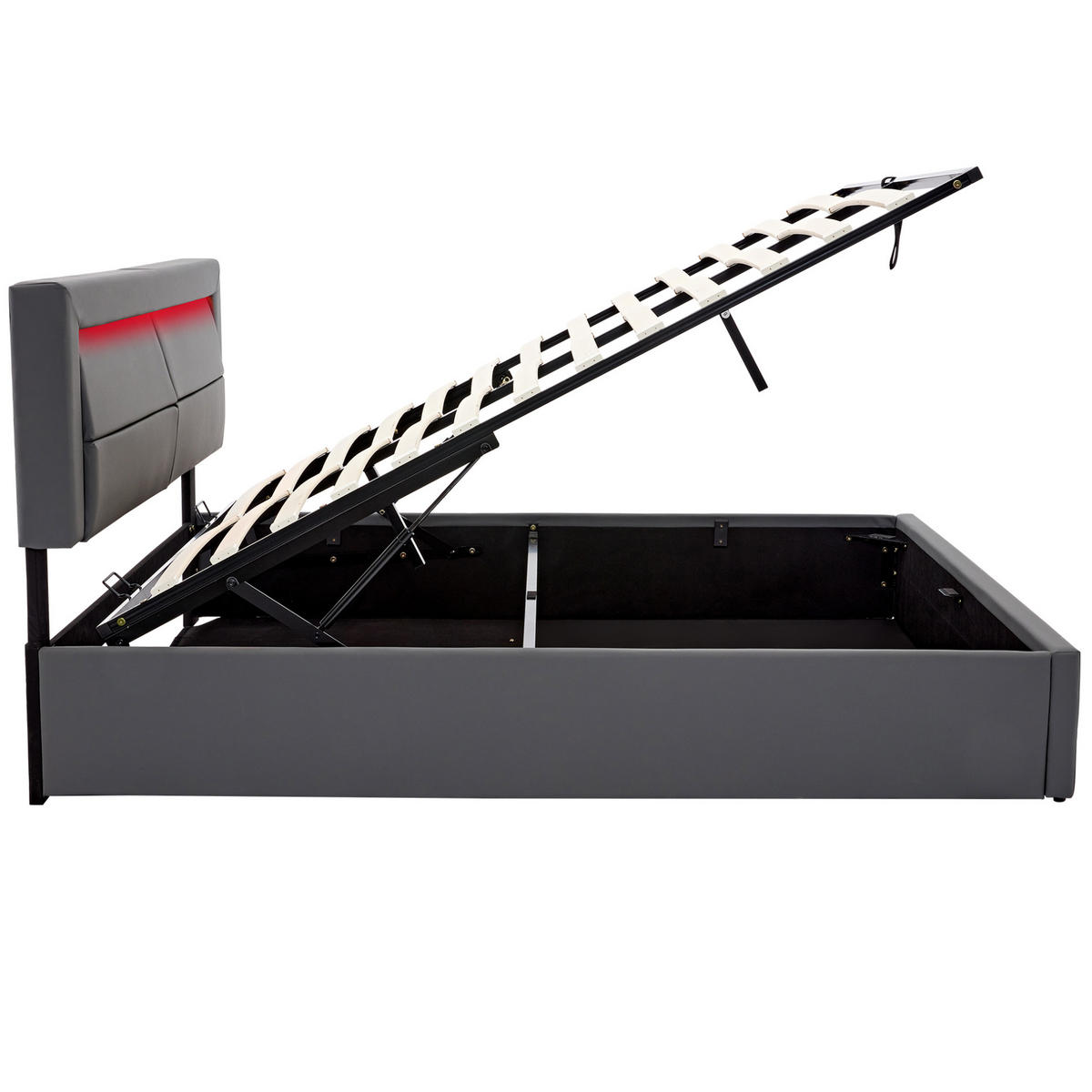 POLSTERBETT 160/200 cm mit USB-Ladefunktion, LED-Beleuchtung und Bettkasten, PU-Lederoptik, Grau - Grau, Kunststoff (160/200cm) - Redom