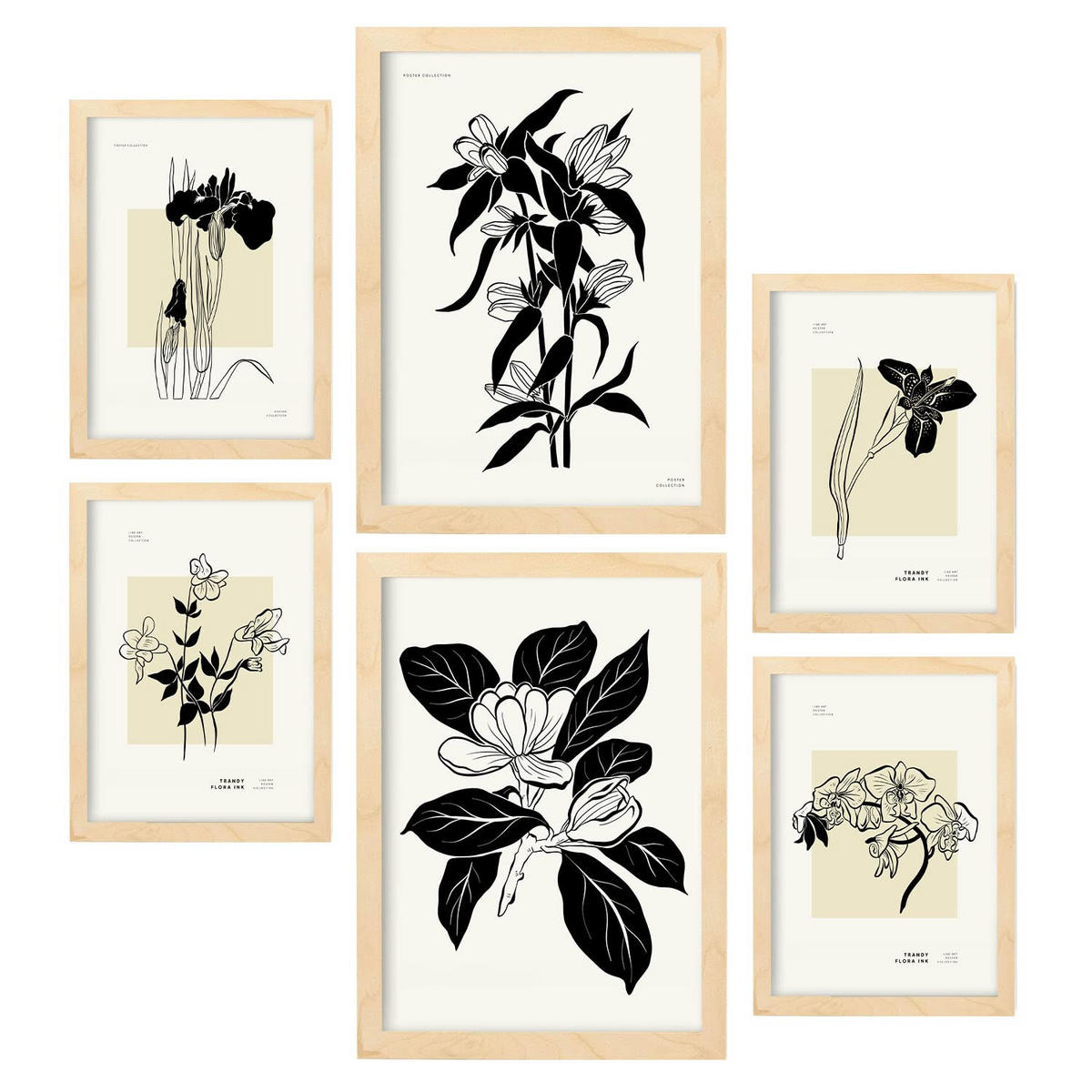 POSTER Set Mit 6 In Schwarzer Tinte Orchideen A3 & A4 Rahmen Aus Hellem Holz - Beige, Papier (29/3cm) - Nacnic