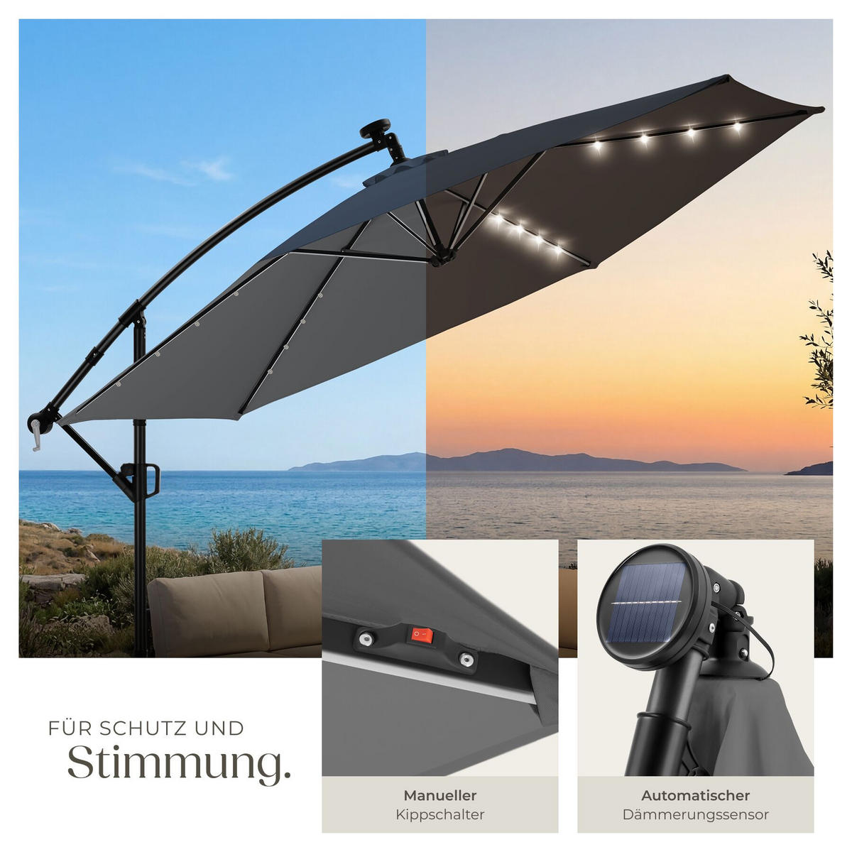 AMPELSCHIRM Artemis, mit LED Solar-Beleuchtung, inkl. Schutzhülle, grau - Grau, Metall (350/337cm) - tectake