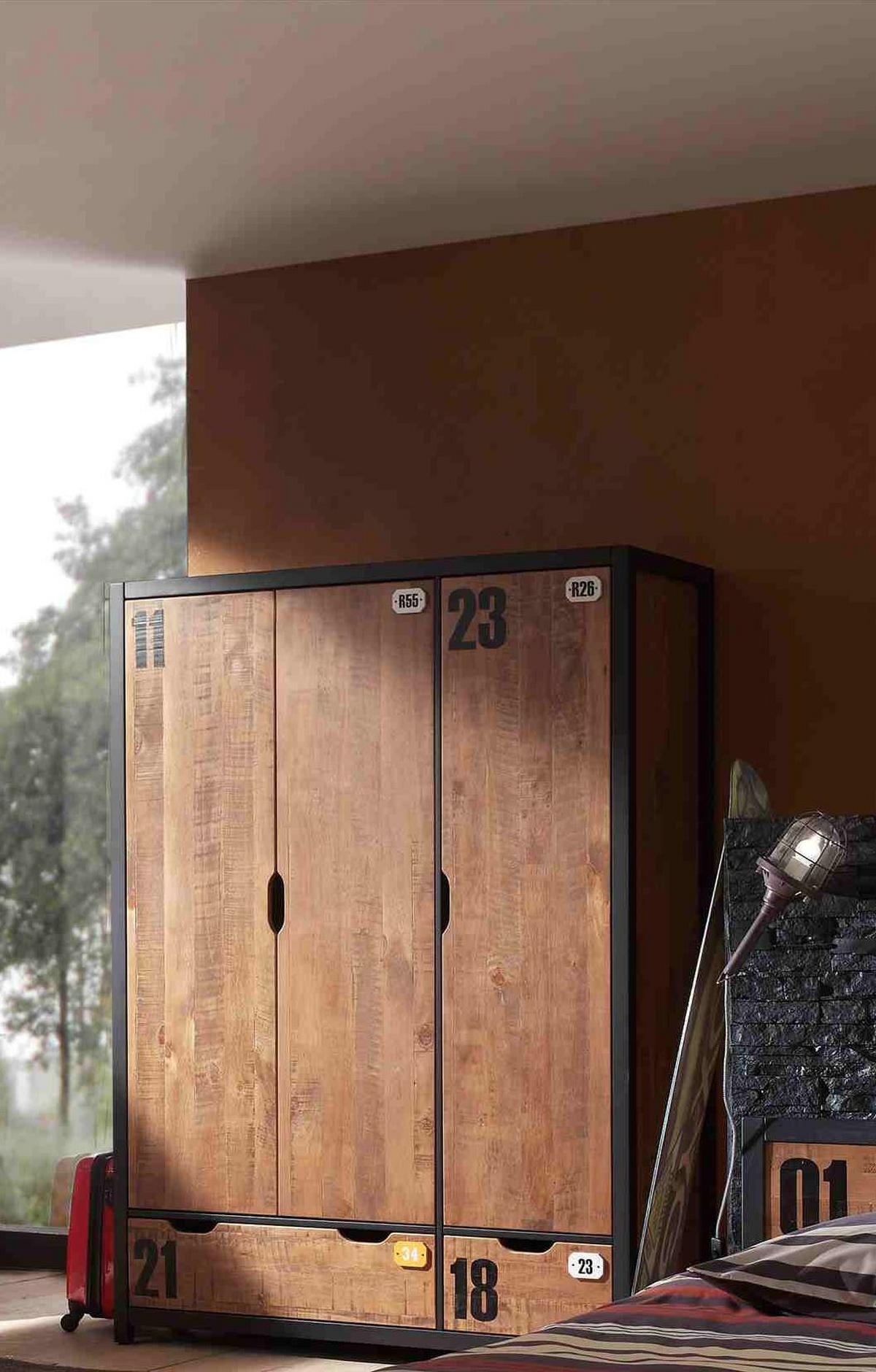 KINDERZIMMERSCHRANK Kameko 148x55x200 MDF+Massivholz Schwarz/Cognac - Cognac/Schwarz, Holzwerkstoff (148/200/55cm) - 58aufmkessel