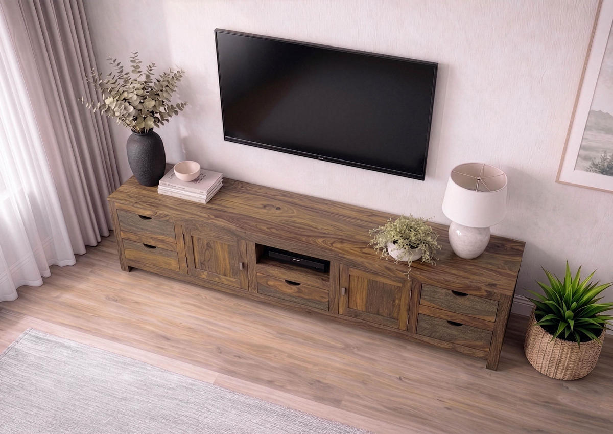 TV-BOARD Sheesham 260x45x56 grau geölt NATURE GREY #39 - Grau, Holz (260/56/45cm) - Massivmoebel24