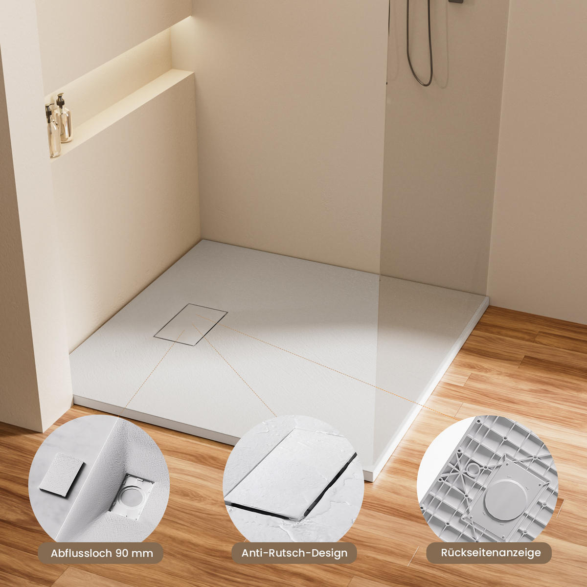 DUSCHWANNE mit rutschhemmender Oberfläche Weiß 90/90 cm - Weiß, Naturmaterialen (90/2.6/90cm) - EMKE