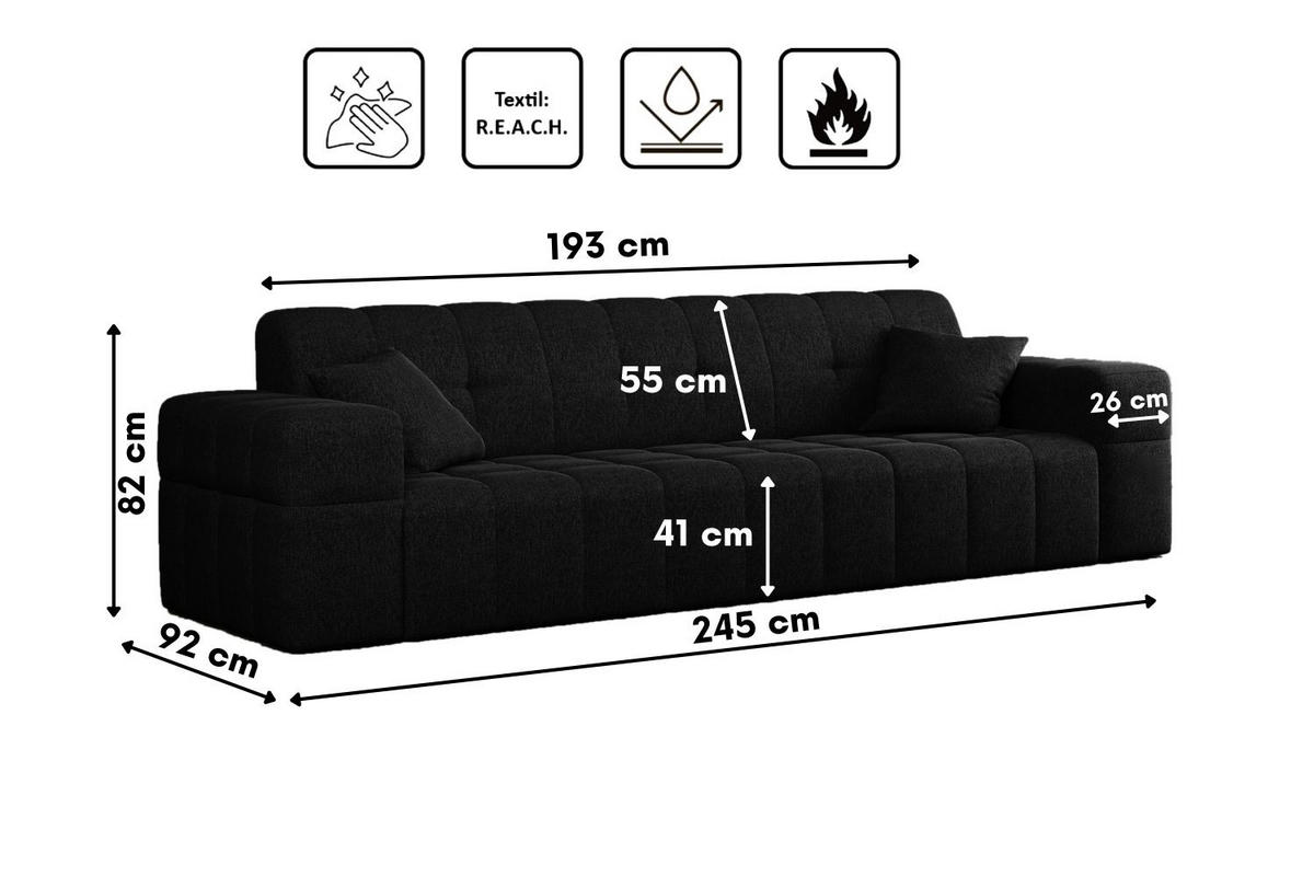 SOFA 3-Sitzer NIMES Stoff Verita Anthrazit - Schwarz, Holz (245/82/92cm) - Kaiser Möbel