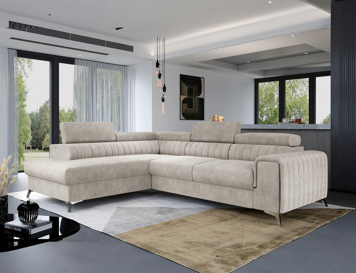 ECKSOFA Laurence mit Schlaffunktion & Bettkasten – 278 x 205 cm, verstellbare Kopfstützen - Beige, Kunststoff (278/205cm) - Wohnideebilder