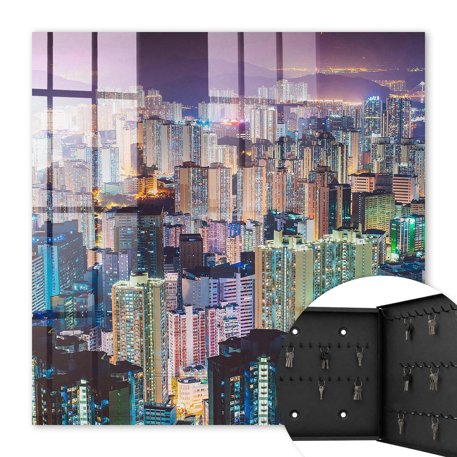 SCHLÜSSELBOX Schwarz 30x30 cm- Türöffnung nach rechts - Stadt bei Nacht - Blau, Metall (30/30/5cm) - TULUP