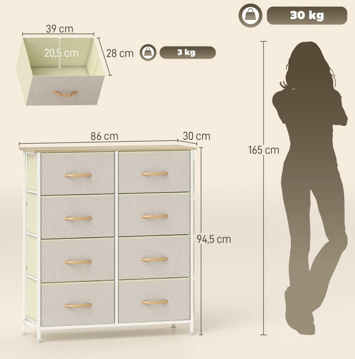 KOMMODE 86/30/94,5 cm mit 8 Schubladen und Seitentaschen in Beige - Beige, Metall (86/94.5/30cm) - BEAOK