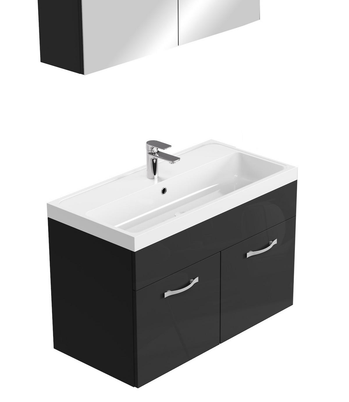 BADMÖBEL-SET Paso 3 Teile Schwarz Hochglanz - 80 x 35 x 55 cm - Schwarz, Holz (80/55/40cm) - Badplaats