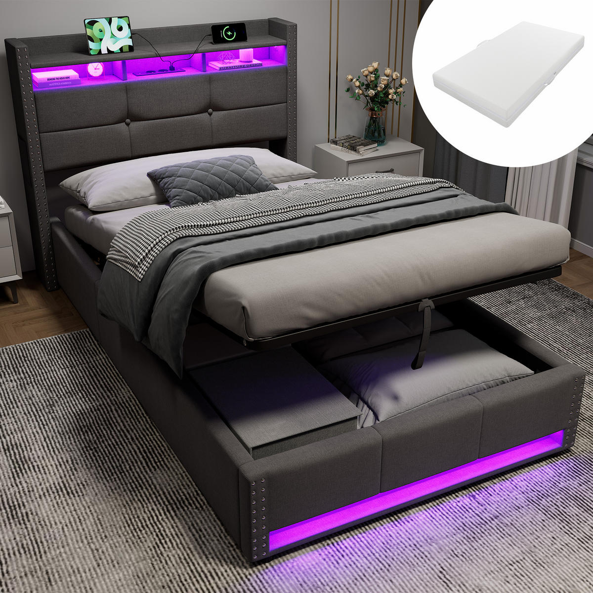 POLSTERBETT 90×200 mit Matratze und Bettkasten, LED und USB, Leinenbezug, in Grau - Grau, Holzwerkstoff/Textil (90/200cm) - STILVORA