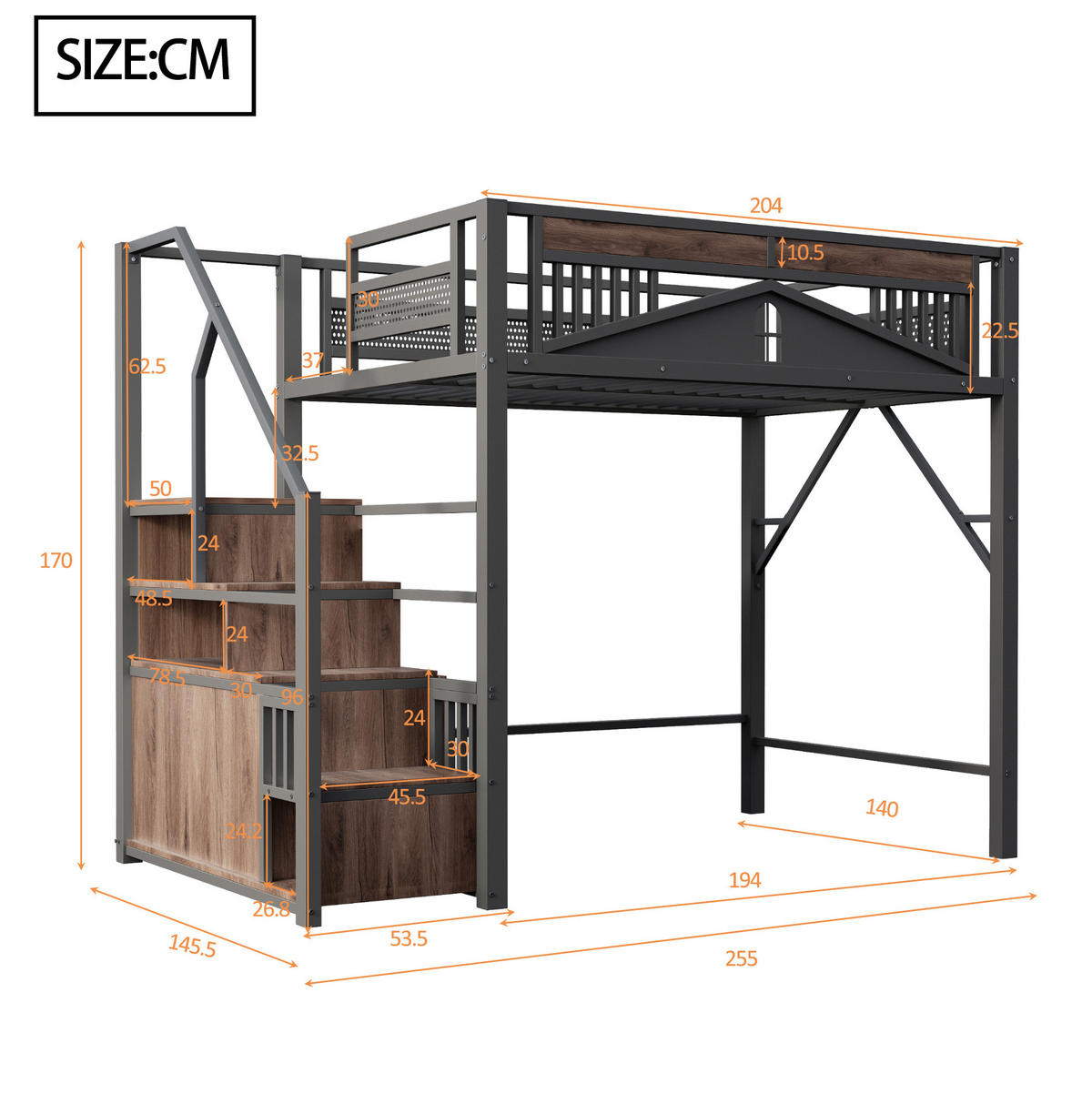 HOCHBETT aus Metall 140x200 cm Schwarz mit Stauraumtreppe, Schrank und Fensterdesign - Schwarz, Metall (140/200cm) - IVMEU