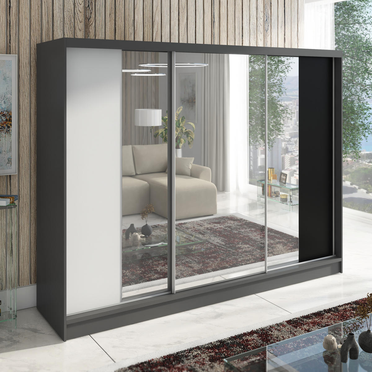 SCHWEBETÜRENSCHRANK 200 CM VIDA Farbe: Graphit, Weiß, Schwarz - Graphitfarben/Schwarz, Holzwerkstoff (200/215/60cm) - A&J MöbelLand