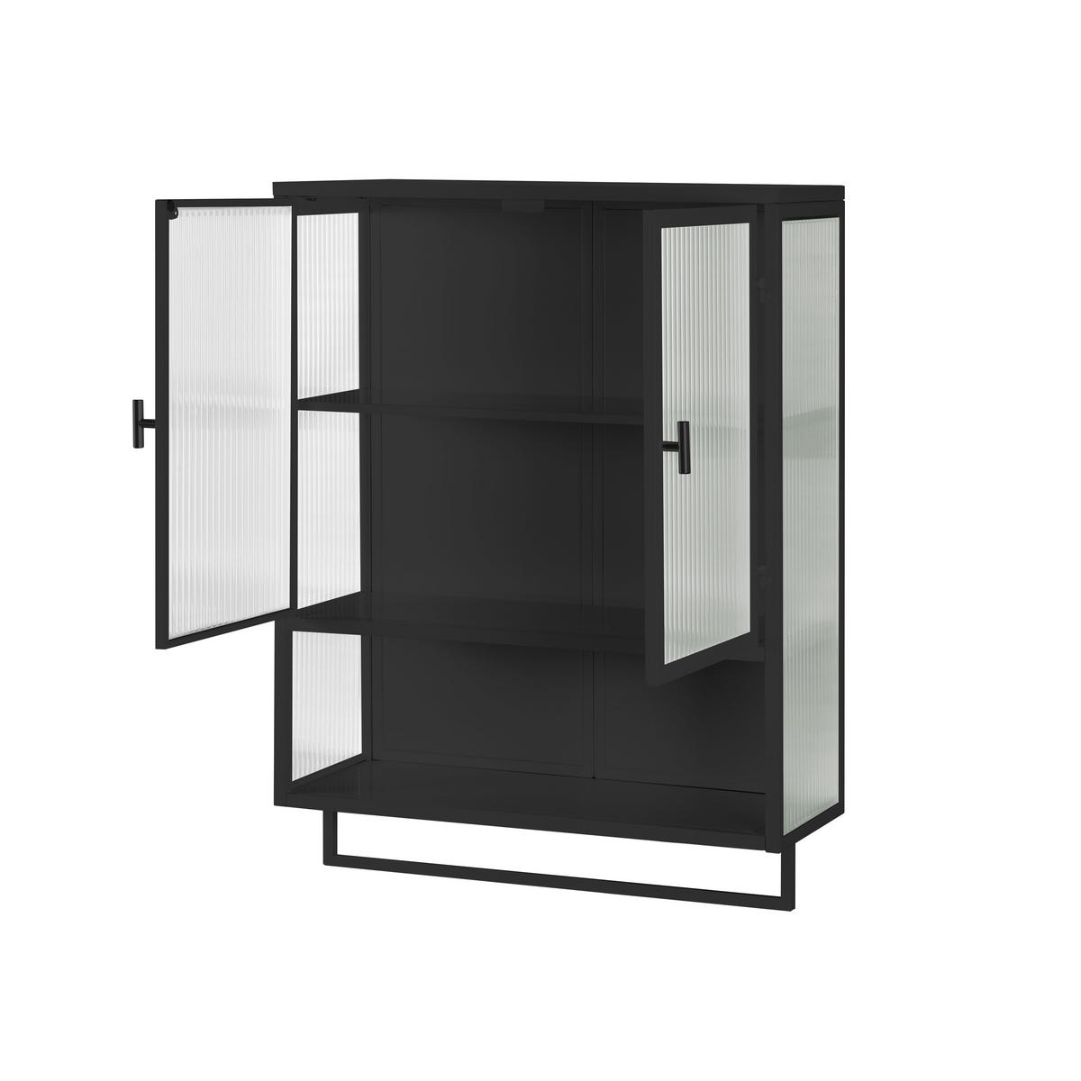 KÜCHENOBERSCHRANK 60x23x78 cm Schwarz aus Glas & Metall mit geriffeltem Glas & offenen Ablagen - Schwarz, Glas (60/78/23cm) - Modfu