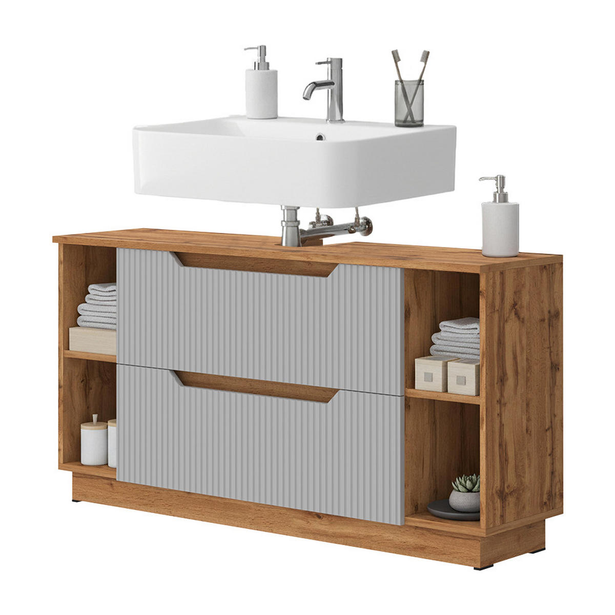 WASCHBECKENUNTERSCHRANK Lotta Eiche/grau gestreift 119.2 x 62.5 cm mit 2 Schubladen - Grau, Holzwerkstoff (119.2/62.5/32cm) - Vicco