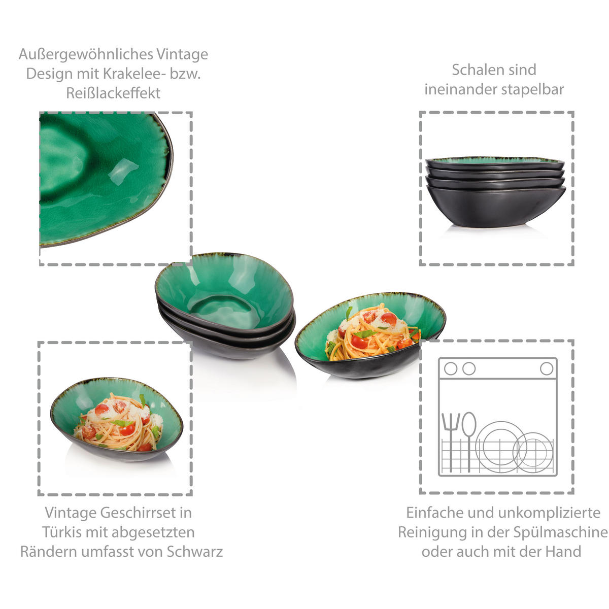 PASTATELLER SET PALM BEACH - 4 teilig aus Steingut - Grün, Keramik (24cm) - Sänger