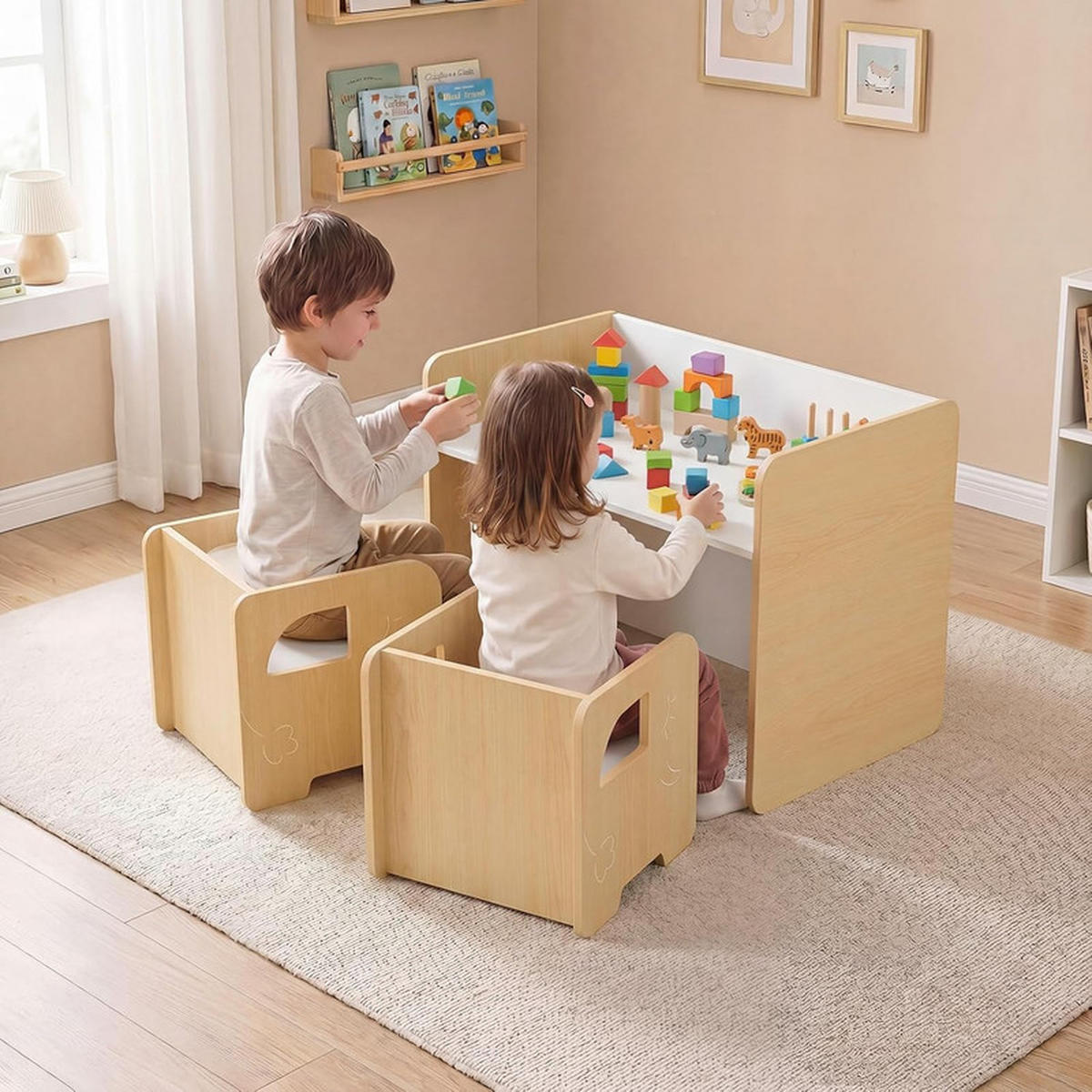 KINDERTISCH mit Stuhl natur(3-tlg) - Naturfarben, Holzwerkstoff (62.5/40/48cm) - COSTWAY
