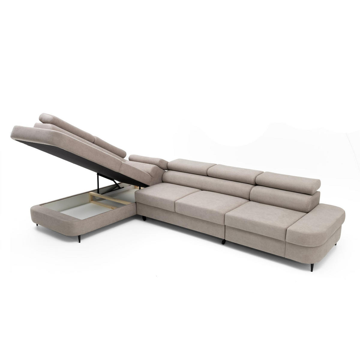 ECKSOFA PRIAM MAXI L-Form Links mit Schlaffunktion 125x195 Velours Beige - Beige/Schwarz, Holz/Textil (203/350cm) - Muffo