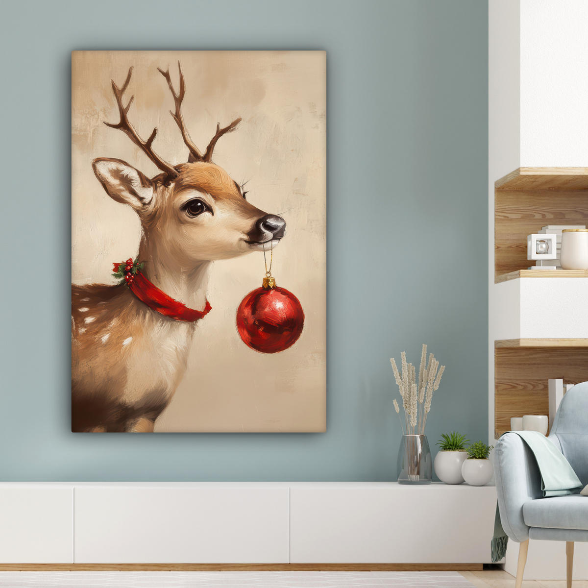 LEINWANDBILD Weihnachten - Hirsch - Geweih - Weihnachtskugel - Rentier Deko XXL 80x120 cm - Hellbraun, Textil (80/120cm) - MuchoWow