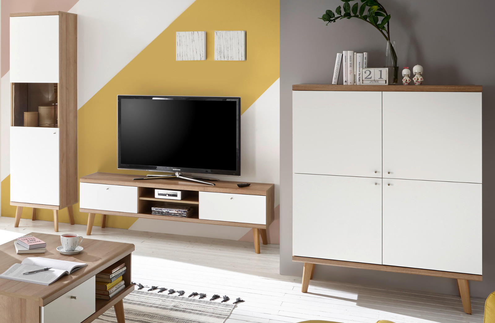 WOHNWAND weiß Eiche Riviera, Schrankwand skandinavisch 3-teilig 337 x 197 cm - Eichefarben/Weiß, Holzwerkstoff/Metall (337/197/40cm) - Furn.Design