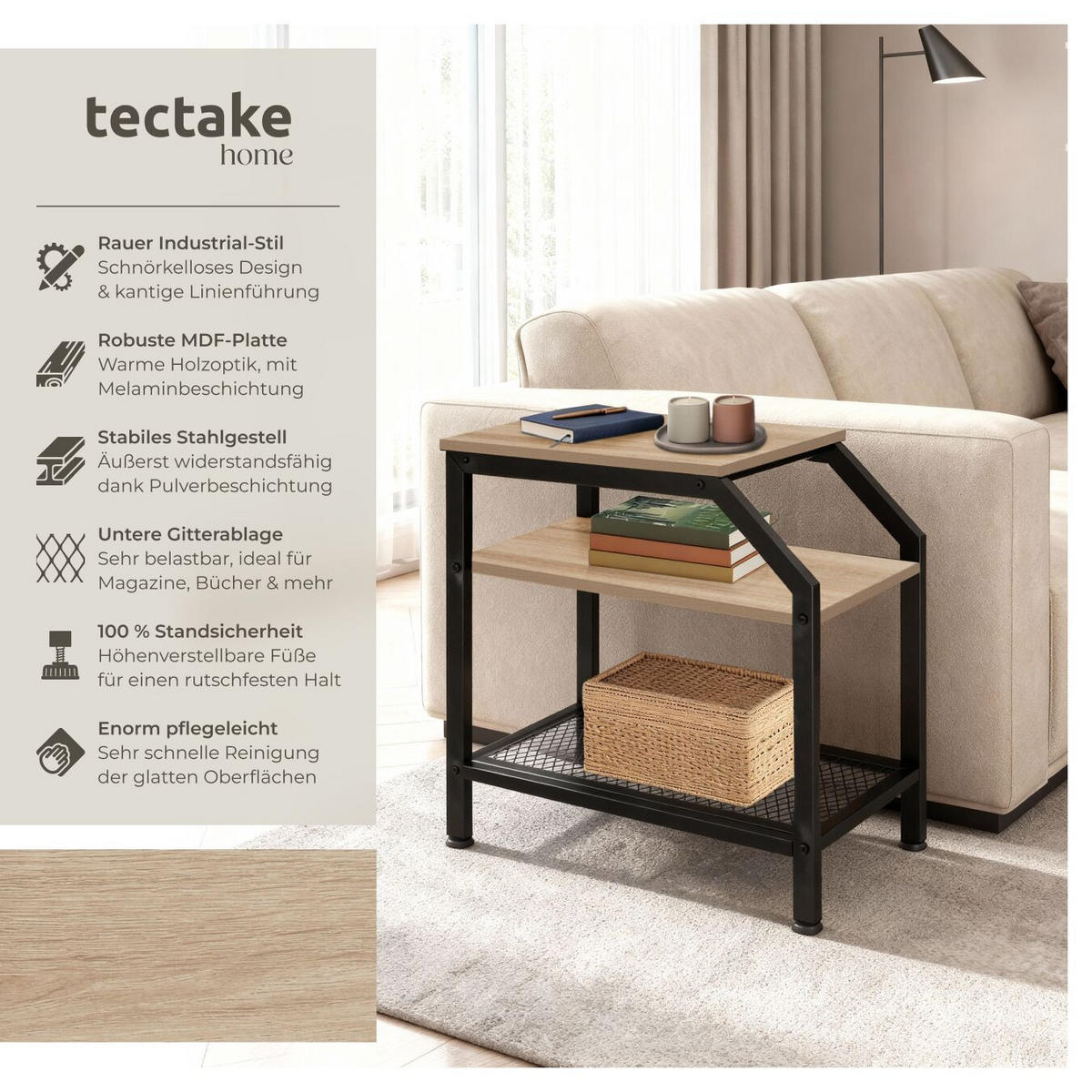 BEISTELLTISCH Plymouth, 36,5 x 58,5 x 59,5 cm, Industrial Holz hell, Eiche Sonoma - Naturfarben, Holz (58.5/36.5/59.5cm) - tectake