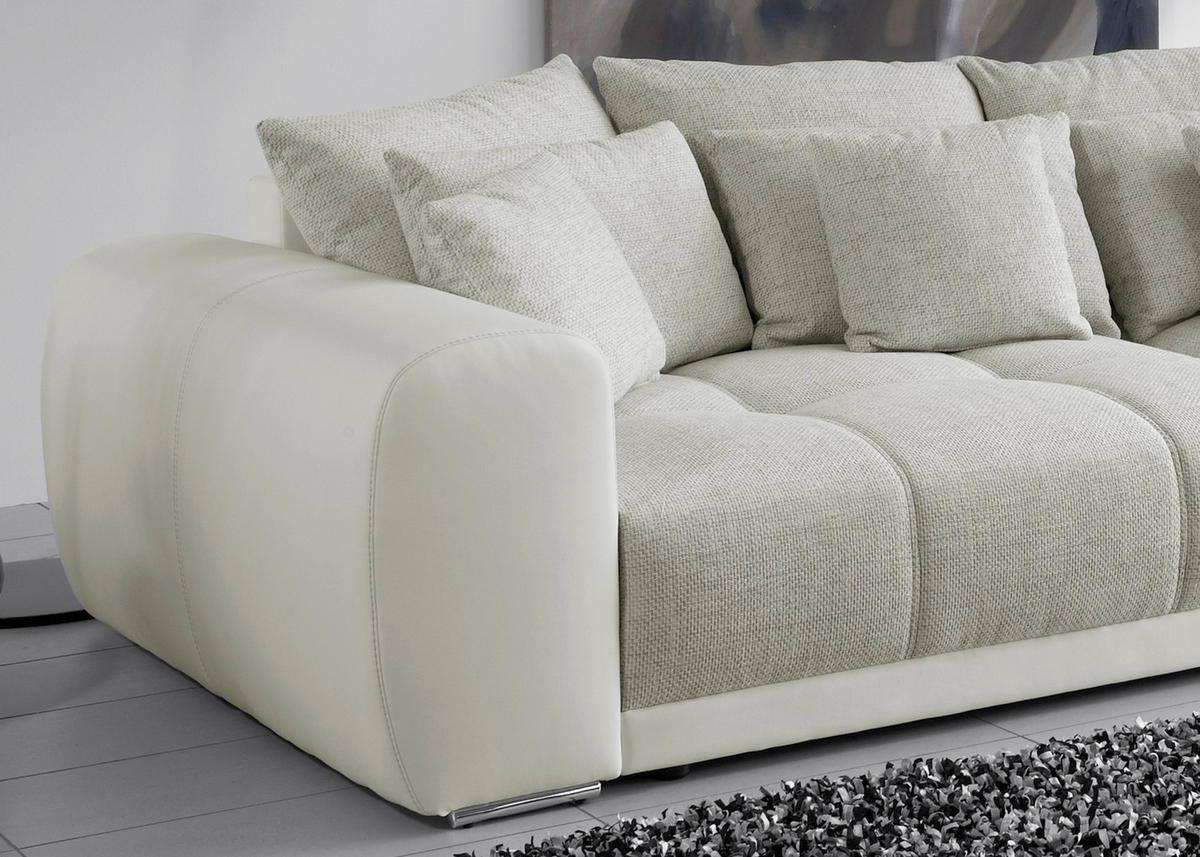 BIG-SOFA Federkern B306/T134/H86 cm, Liegefläche 120x240 cm, Korpus Kunstleder Weiß+Bezug Web-Strukturstoff Grau Beige / 15113 - Chromfarben/Graubraun, Textil/Metall (306/86/134cm) - luma-home