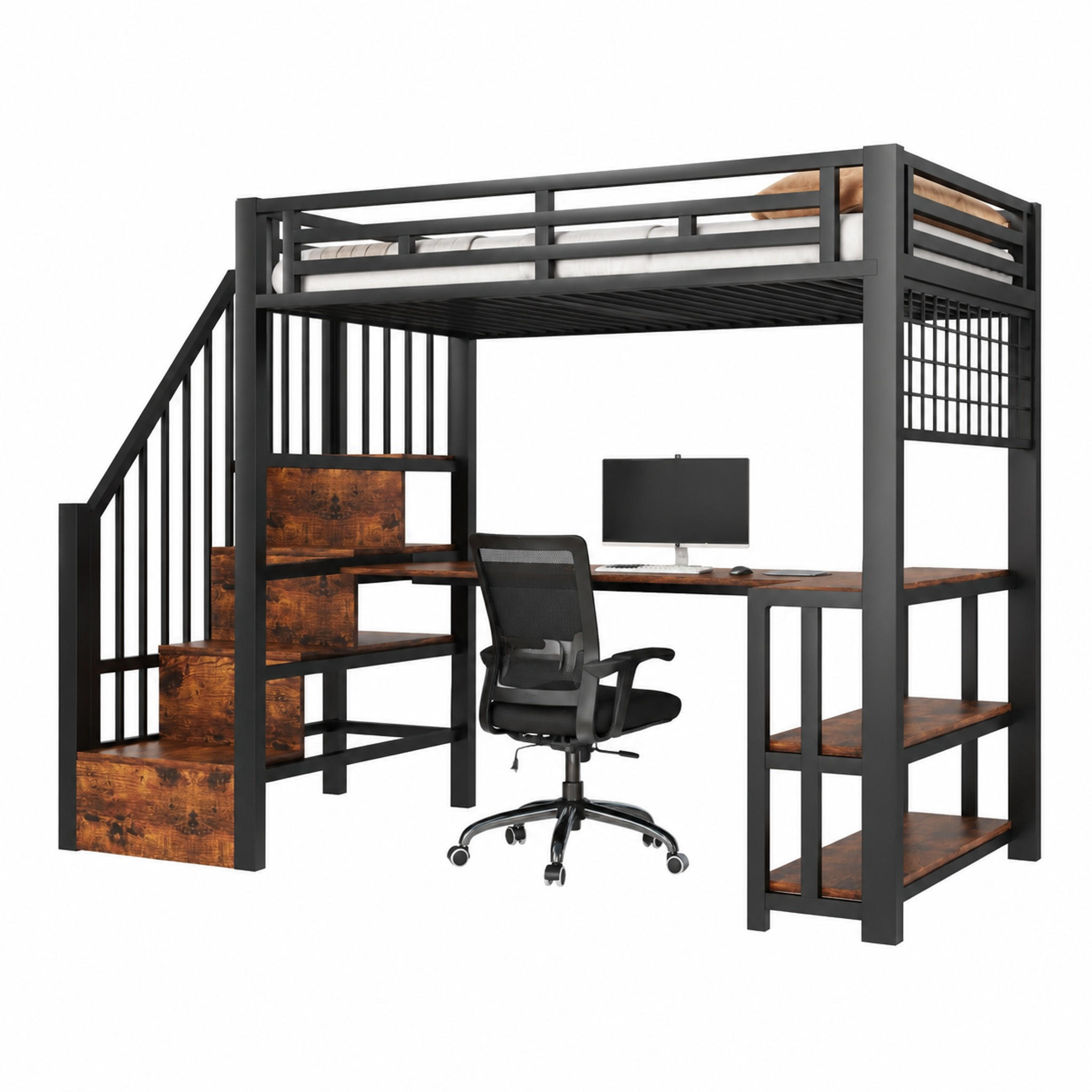 HOCHBETT mit Schreibtisch und Stauraum 90x200 cm Metall Schwarz - Schwarz, Metall (90/200cm) - Meubliv