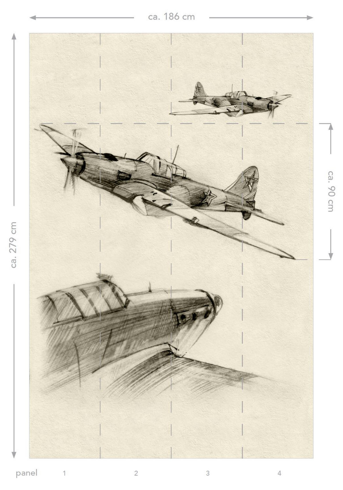 FOTOTAPETE Flugzeugzeichnungen 186 x 279 cm - Beige, Papier (186/279cm) - ESTAhome