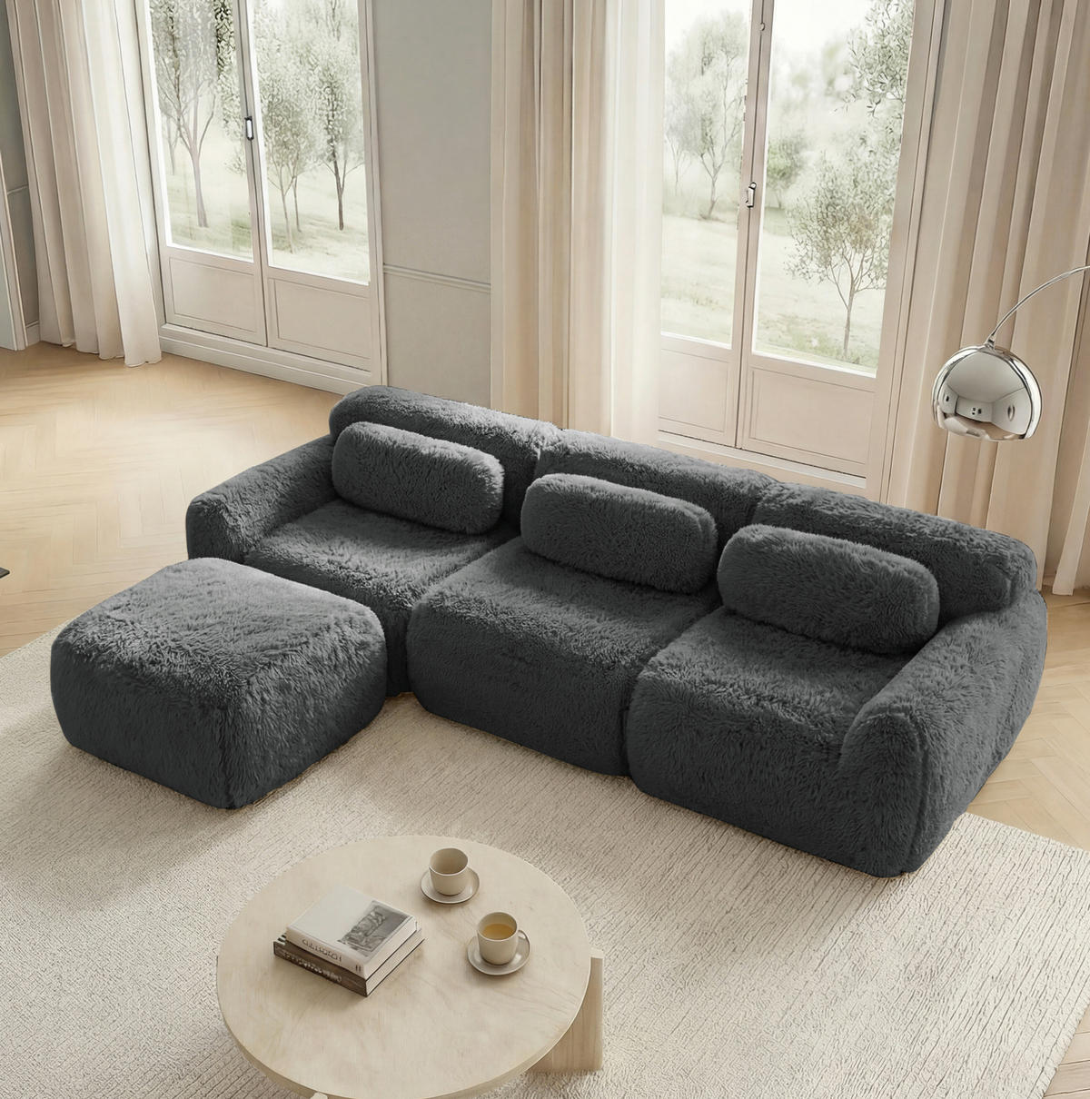 ECKSOFA 291/179/73 cm grau aus Plüsch modular rahmenlos mit Kissen - Grau, Textil (179/291cm) - OKWISH