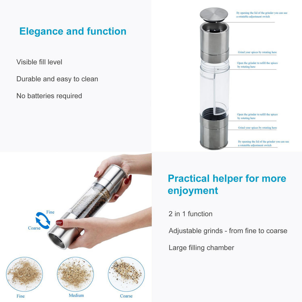 PFEFFERMÜHLE 2 in 1 - Silberfarben, Metall (5.3/5.3/22cm) - Intirilife
