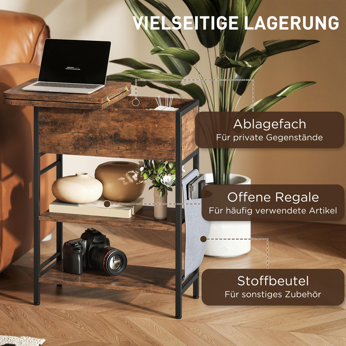 BEISTELLTISCH Nachttisch mit Steckdosenleiste, 2 Ebenen, USB-Anschlüssen Stauraum 60 x 29,8 x 58,5 cm Rustikal Braun - Wildeiche, Holzwerkstoff (29.8/60/58.5cm)