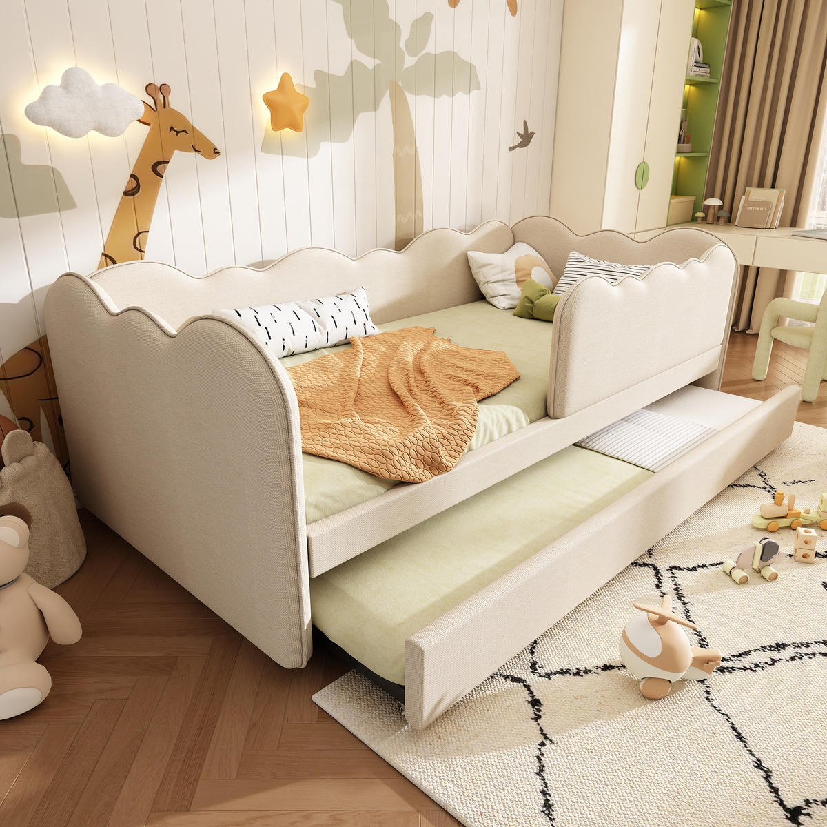 KINDERBETT 90/190 cm mit Ausziehbett, Wolkenform und gepolsterter Rückenlehne, Beige - Beige, Textil (90/190cm) - Redom