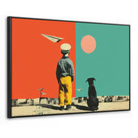 LEINWAND Bilder mit Rahmen - Retro - Junge - Hund - Rot - Grün - 90x60 - Orange, Textil (90/60cm) - MuchoWow