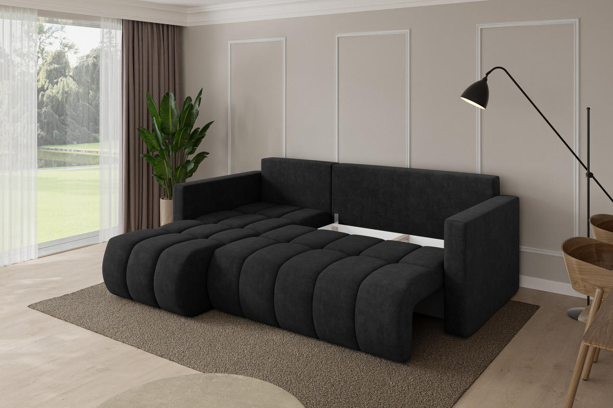 ROHOVÁ SEDAČKA s funkcí spaní, otoman vlevo GARD-L 226x146x85 černá velur - černá, kompozitní dřevo/textil (226/146cm) - ALTDECOR