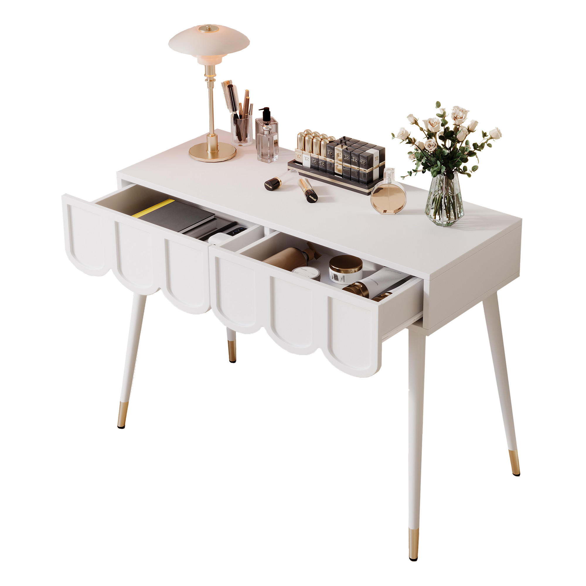 SCHMINKTISCH in Weiß Frisiertisch mit 2 Schubladen,Metallfüßen für Schlafzimmer B100/T40/H76cm - Weiß, Holzwerkstoff/Metall (100/76/40cm) - STILVORA