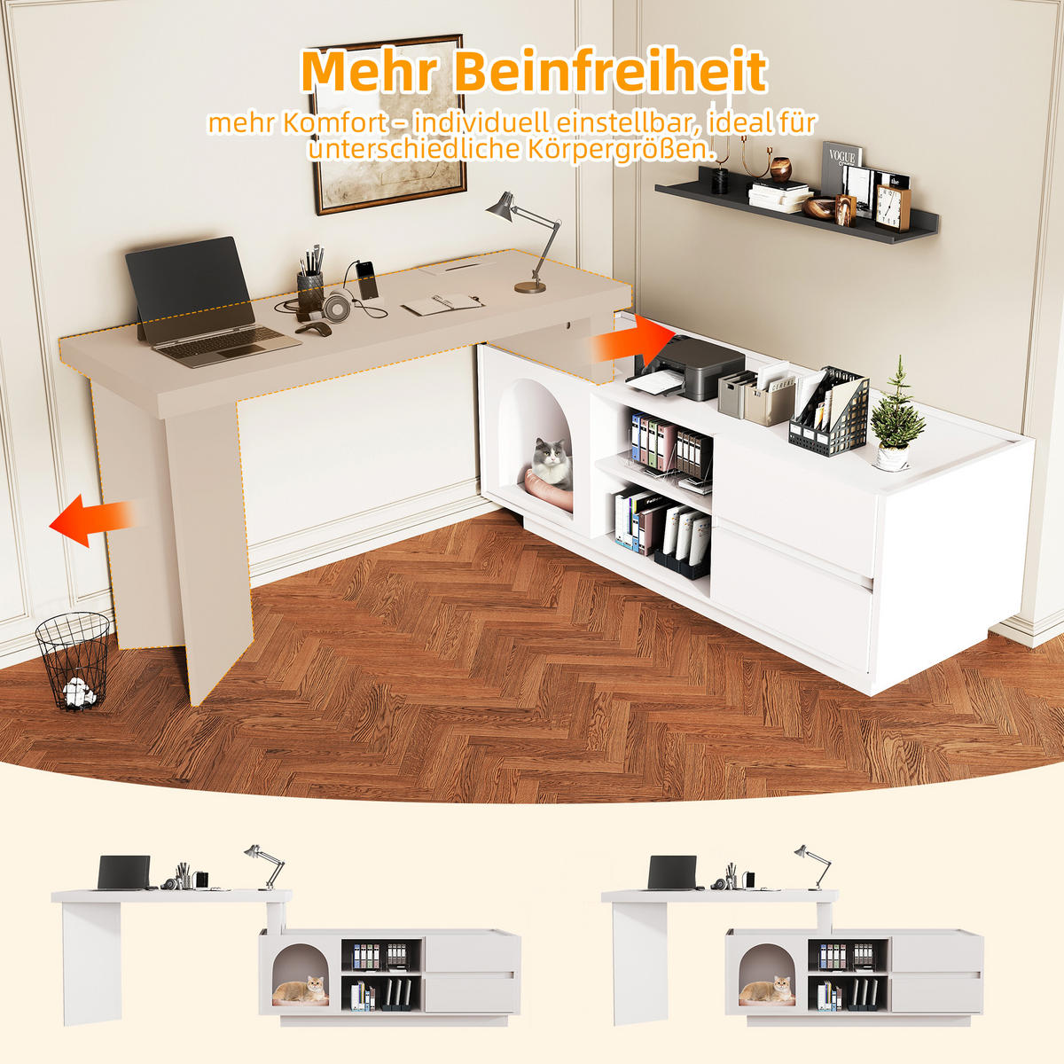 BÜROTISCH mit Stauraum und integriertem Haustierbereich – Weiß - Weiß, Holzwerkstoff/Metall (120/120/75cm) - Urban Meuble
