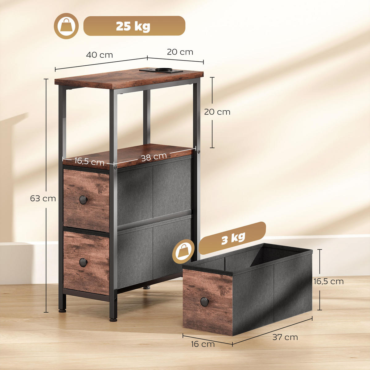 BEISTELLTISCH mit Schubladen Rustikalbraun 20/40/63 cm - Schwarz/Braun, Textil/Metall (40/20/63cm) - HOMCOM