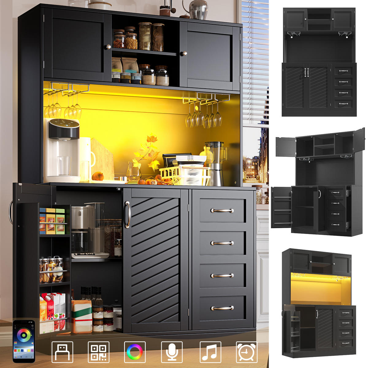KÜCHENSCHRANK in Schwarz mit LED-Beleuchtung und Schubladen für Küche und Wohnzimmer, B120/T40/H188 cm - Schwarz, Holzwerkstoff/Metall (120/188/40cm) - STILVORA
