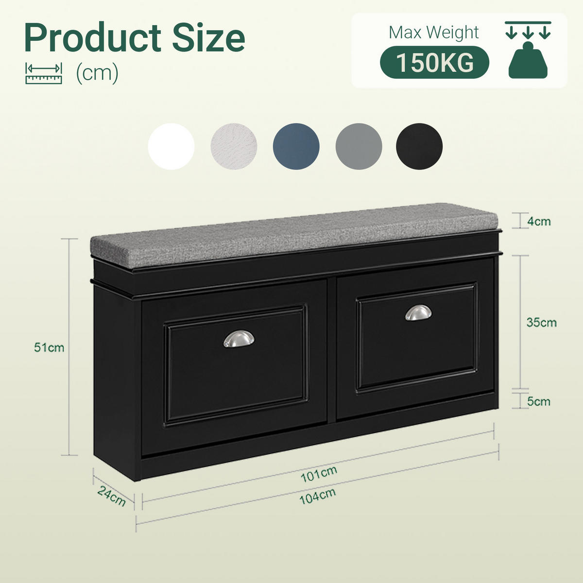 SCHUHBANK schwarz, 104x52x24 cm, Sitzpolster, 2 Klappen für 8 Paar, bis 150 kg, verstellbare Böden, für Flur & Diele - Schwarz, Holzwerkstoff (104/52/24cm) - SoBuy