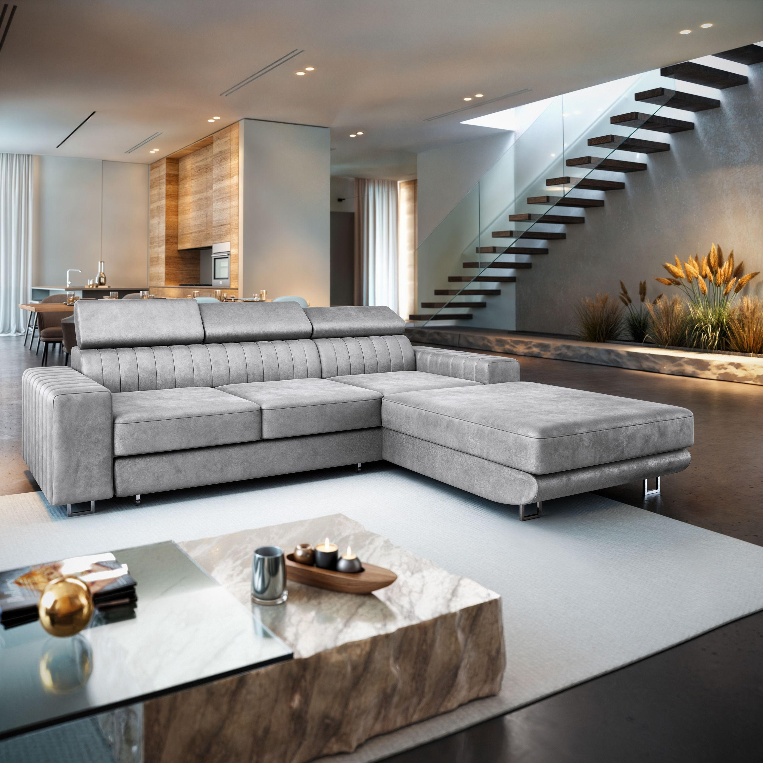 ECKSOFA NOTO R-S Hellgrau Velours-Stoff mit Schlaffunktion - Hellgrau, Holz (267/190cm) - MASSENO