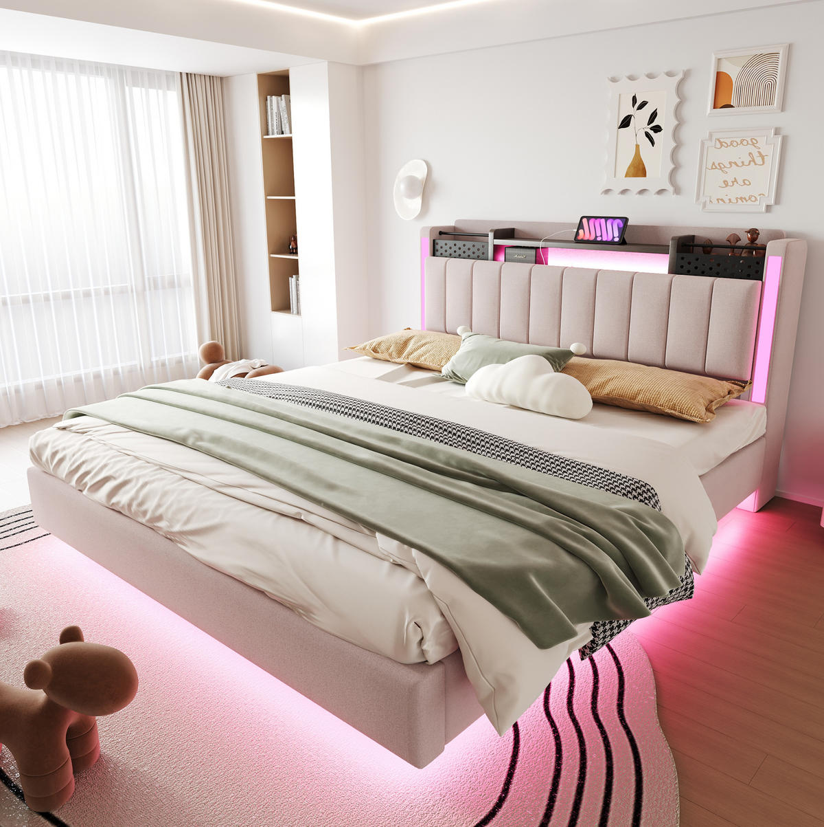 POLSTERBETT 160/200 cm beige aus Leinenstoff mit LED und USB-Anschluss mit Stauraum - Beige, Textil (160/200cm) - OKWISH