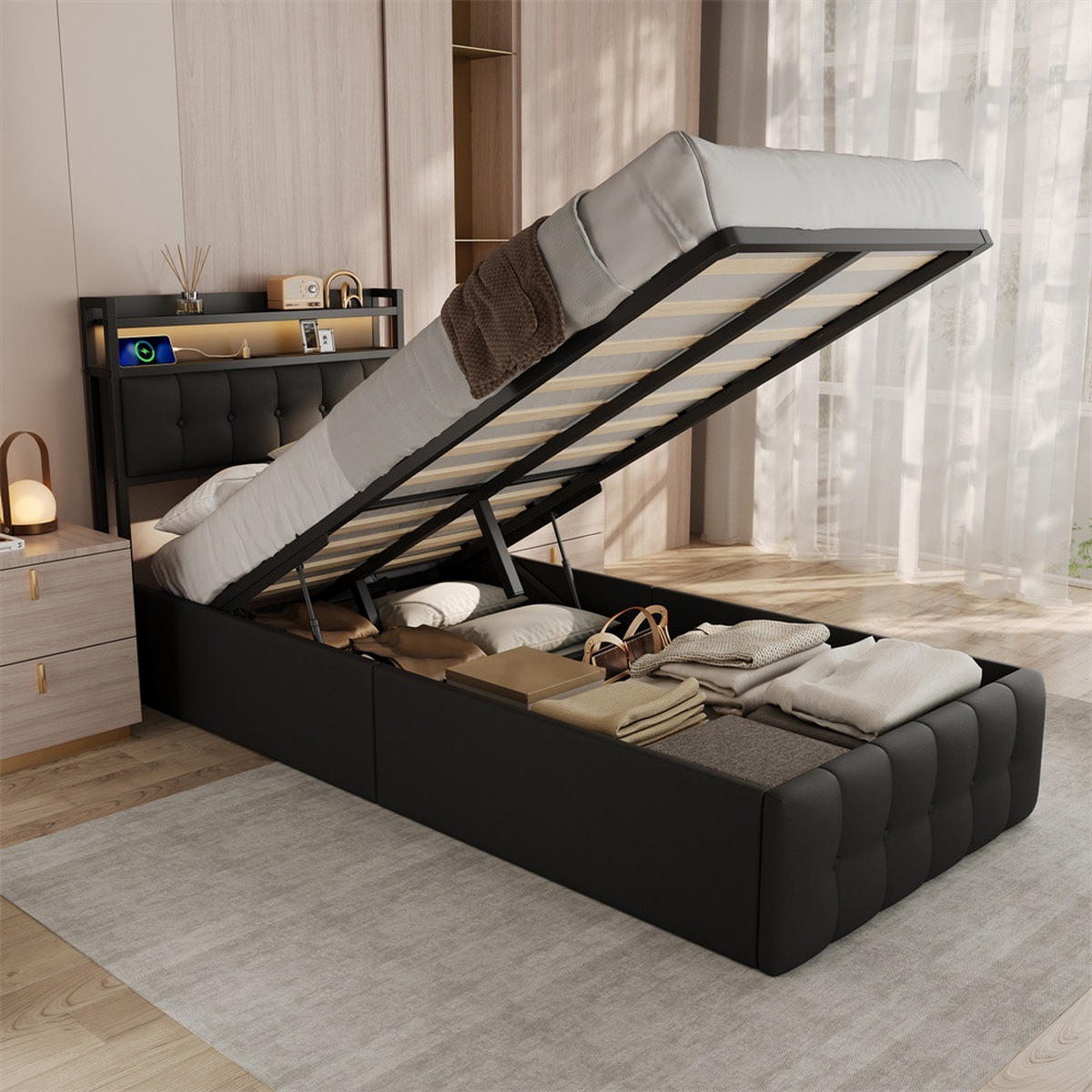 POLSTERBETT 90x200 cm mit hydraulischem Stauraum - Ladestation & LED-Beleuchtung - Gepolstertes Kopfteil - Schwarz - Schwarz, Textil (90/200cm) - DELFA